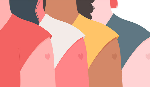 Illustrated people with hearts in their arms indicating vaccination 